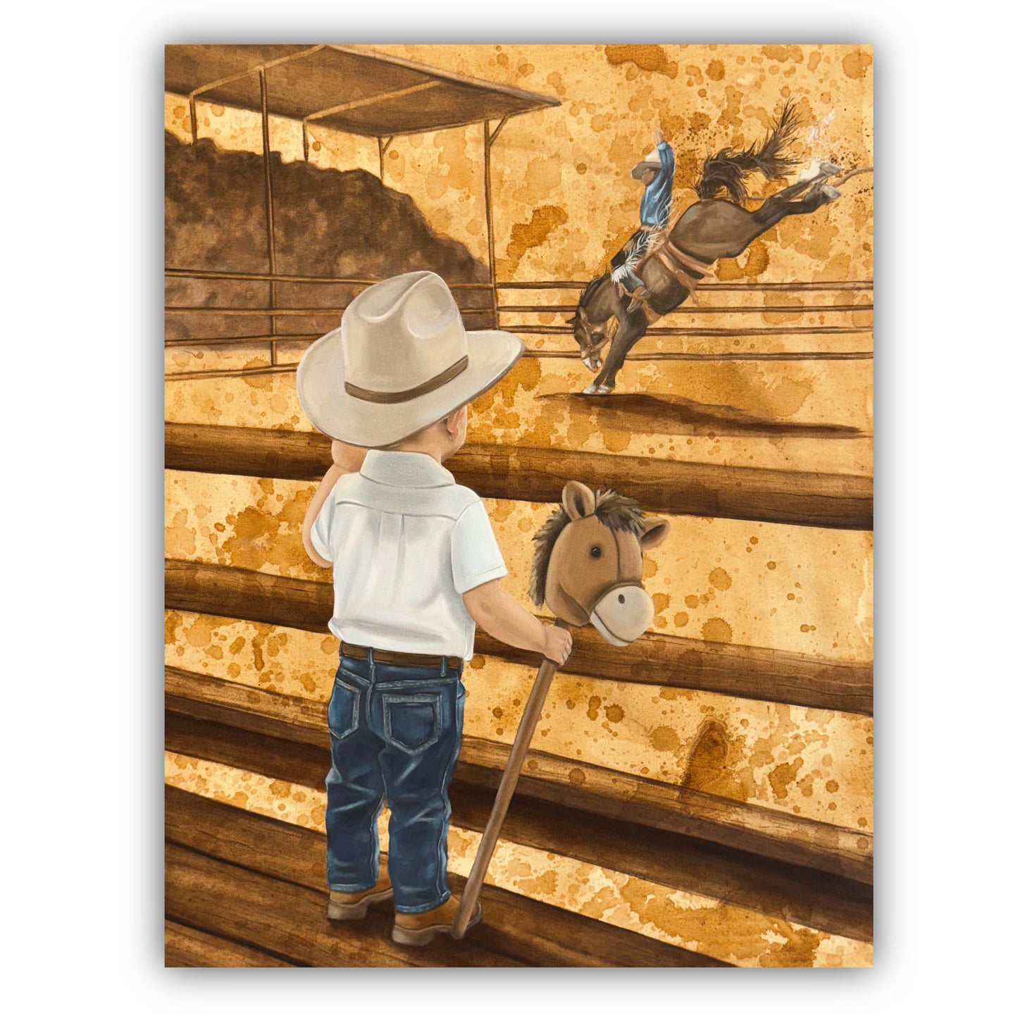 Painting of a child in a cowboy hat with a toy horse, watching a rodeo scene on a wooden wall.